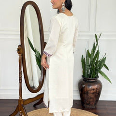 Women Off White Embroidered Kurta Set with Printed Dupatta