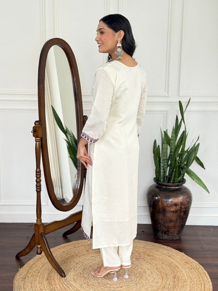 Women Off White Embroidered Kurta Set with Printed Dupatta