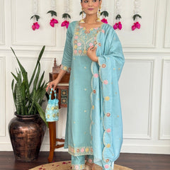 Women Sky Blue Color Embroidered Kurta Set with Dupatta
