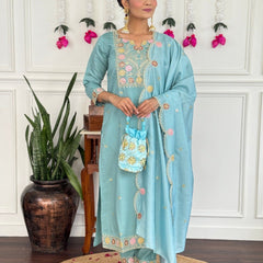 Women Sky Blue Color Embroidered Kurta Set with Dupatta