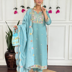 Women Sky Blue Color Embroidered Kurta Set with Dupatta