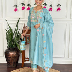 Women Sky Blue Color Embroidered Kurta Set with Dupatta