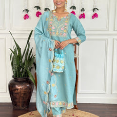 Women Sky Blue Color Embroidered Kurta Set with Dupatta