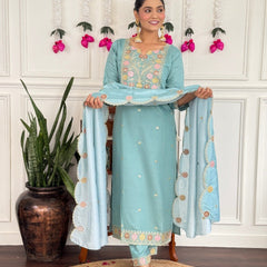 Women Sky Blue Color Embroidered Kurta Set with Dupatta