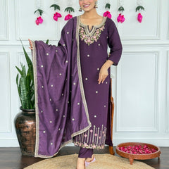 Women Purple Embroidered Kurta Set with Dupatta