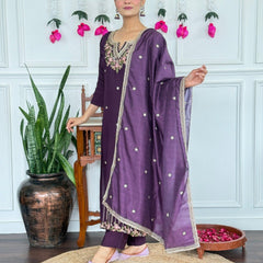 Women Purple Embroidered Kurta Set with Dupatta