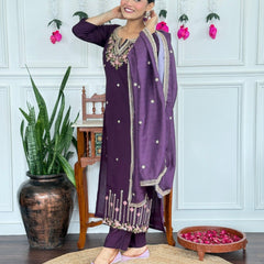 Women Purple Embroidered Kurta Set with Dupatta