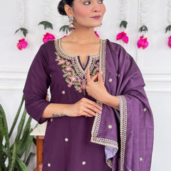 Women Purple Embroidered Kurta Set with Dupatta