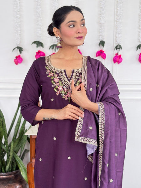 Women Purple Embroidered Kurta Set with Dupatta