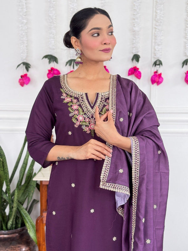Women Purple Embroidered Kurta Set with Dupatta