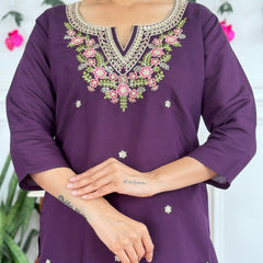 Women Purple Embroidered Kurta Set with Dupatta
