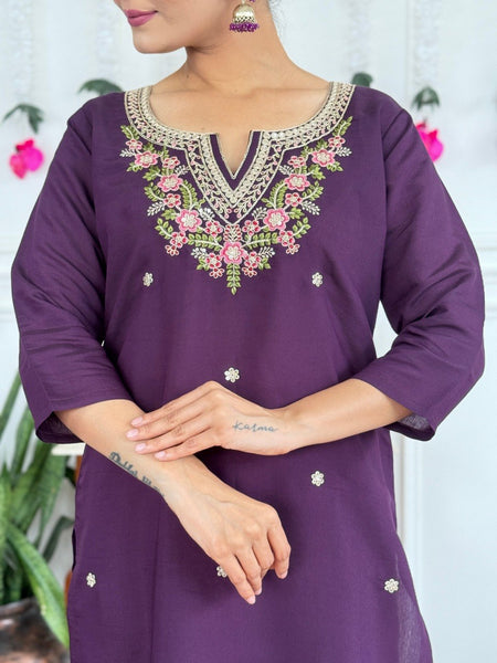 Women Purple Embroidered Kurta Set with Dupatta