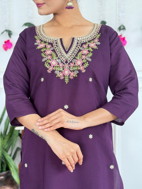 Women Purple Embroidered Kurta Set with Dupatta