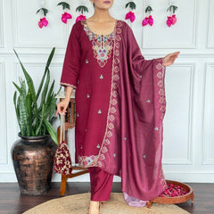 Women Wine Maroon Embroidered Kurta Set with Dupatta