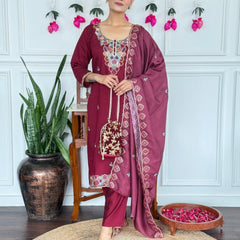 Women Wine Maroon Embroidered Kurta Set with Dupatta