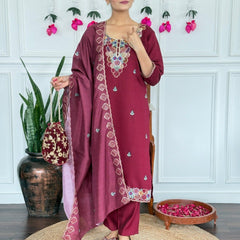 Women Wine Maroon Embroidered Kurta Set with Dupatta