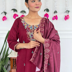 Women Wine Maroon Embroidered Kurta Set with Dupatta