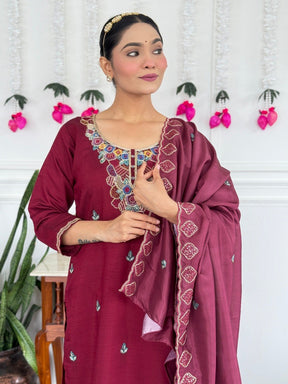 Women Wine Maroon Embroidered Kurta Set with Dupatta