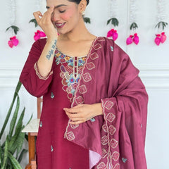 Women Wine Maroon Embroidered Kurta Set with Dupatta