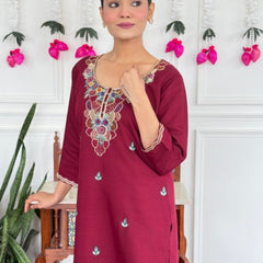Women Wine Maroon Embroidered Kurta Set with Dupatta