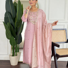 Women Blush Pink Color Embroidered Kurta Set with Dupatta