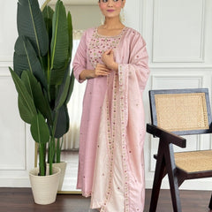 Women Blush Pink Color Embroidered Kurta Set with Dupatta