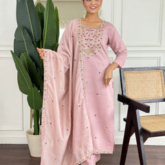Women Blush Pink Color Embroidered Kurta Set with Dupatta