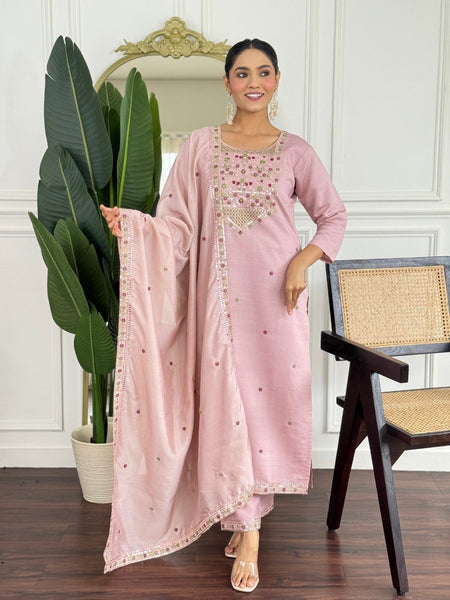 Women Blush Pink Color Embroidered Kurta Set with Dupatta