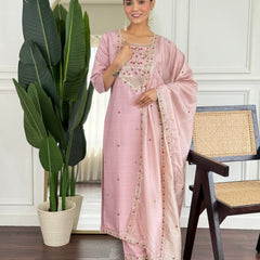 Women Blush Pink Color Embroidered Kurta Set with Dupatta