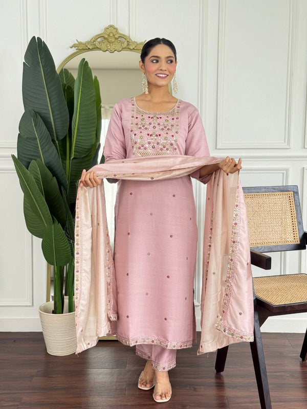 Women Blush Pink Color Embroidered Kurta Set with Dupatta
