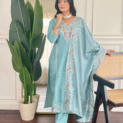 Women Sea Green Embroidered Kurta Set with Dupatta