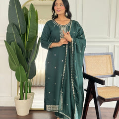 Women Dark Green Embroidered Kurta Set with Dupatta