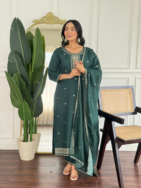 Women Dark Green Embroidered Kurta Set with Dupatta