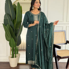 Women Dark Green Embroidered Kurta Set with Dupatta