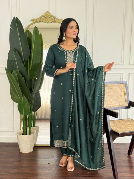 Women Dark Green Embroidered Kurta Set with Dupatta