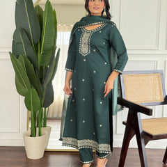 Women Dark Green Embroidered Kurta Set with Dupatta