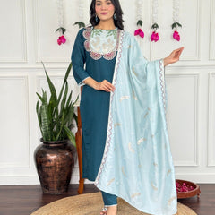 Women Teal Blue Embroidered Kurta Set with Contrast Dupatta