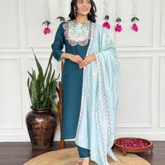 Women Teal Blue Embroidered Kurta Set with Contrast Dupatta