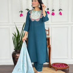 Women Teal Blue Embroidered Kurta Set with Contrast Dupatta