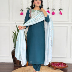 Women Teal Blue Embroidered Kurta Set with Contrast Dupatta