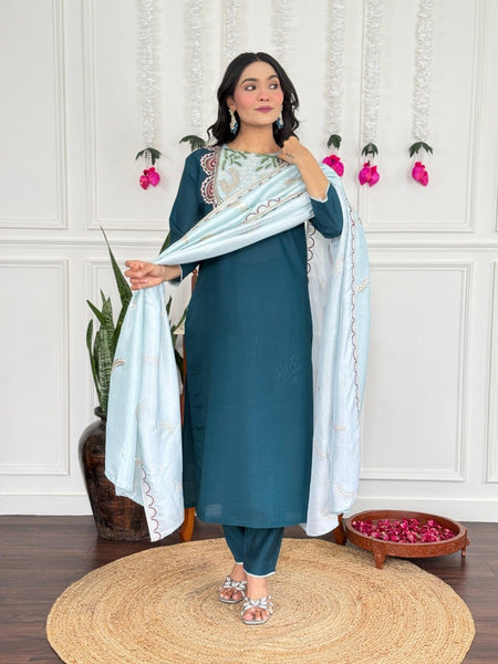 Women Teal Blue Embroidered Kurta Set with Contrast Dupatta