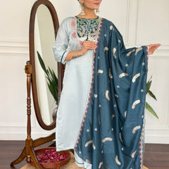 Women Sky Blue Embroidered Kurta Set with Contrast Dupatta