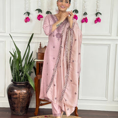 Women Pink Color Embroidered Kurta Set with Dupatta