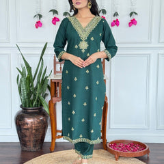 Women Dark Green Embroidered Kurta Set with Dupatta