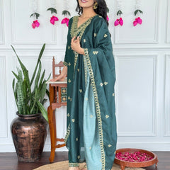 Women Dark Green Embroidered Kurta Set with Dupatta