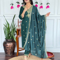 Women Dark Green Embroidered Kurta Set with Dupatta