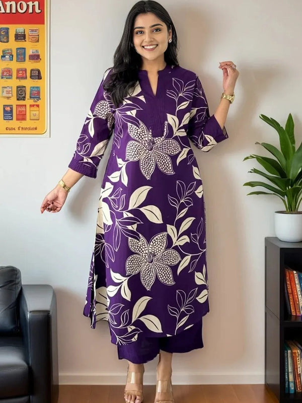 Women Purple Floral Printed Kurta Set with Pants