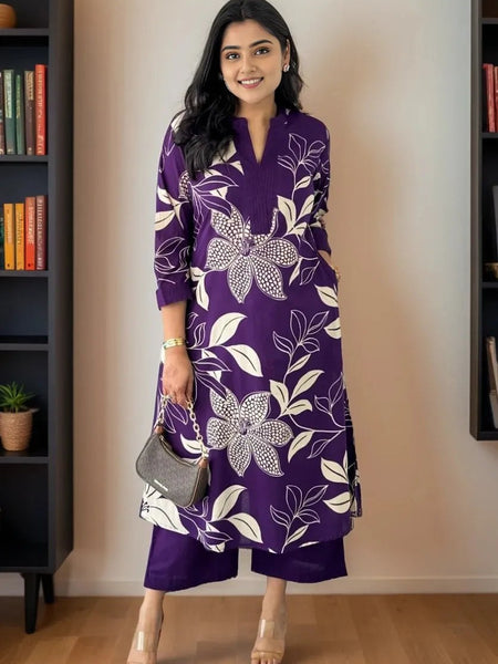 Women Purple Floral Printed Kurta Set with Pants