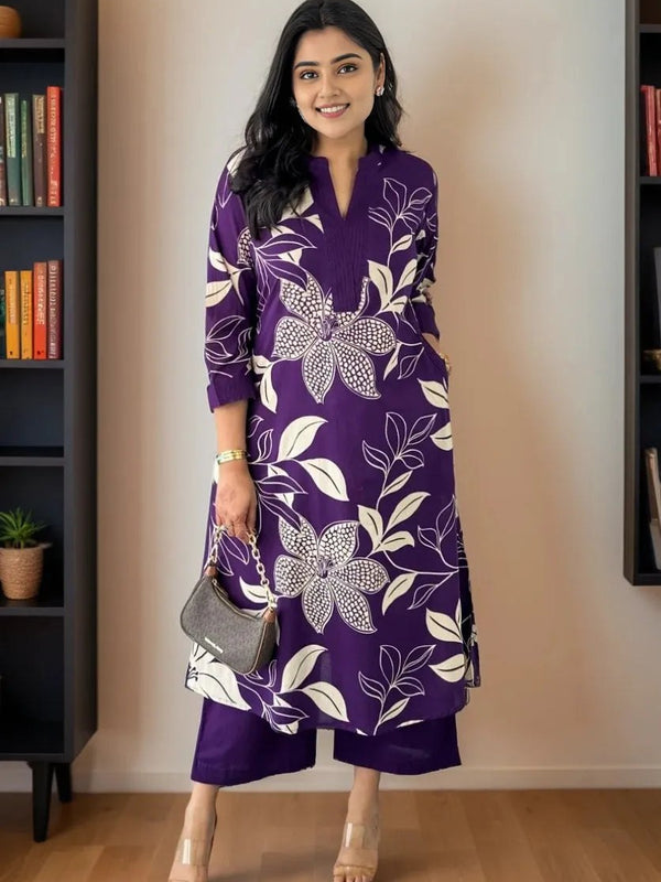Women Purple Floral Printed Kurta Set with Pants