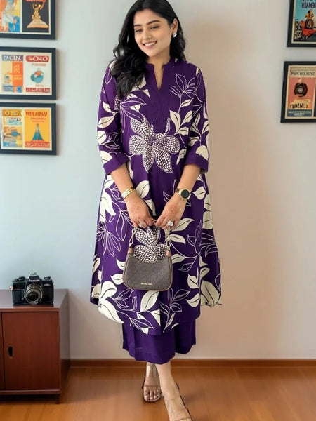 Women Purple Floral Printed Kurta Set with Pants